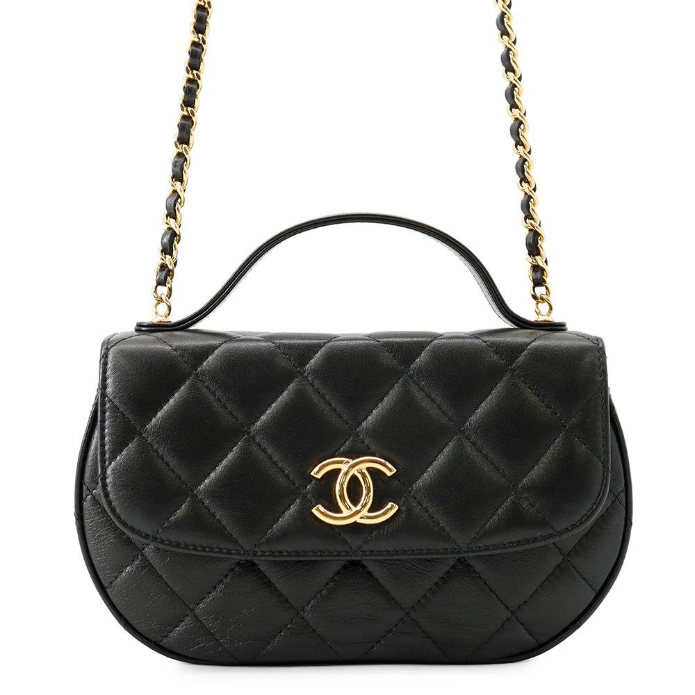 Chanel Chain Shoulder Bag Quilted CC Logo Half Moon Phone Folder Black