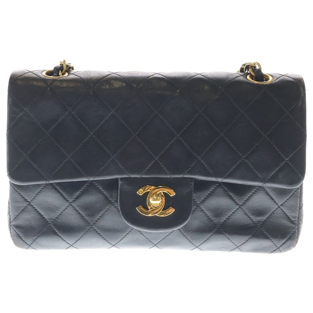 Chanel Quilted 23 Double Flap Chain Shoulder Bag Black Lambskin Gold