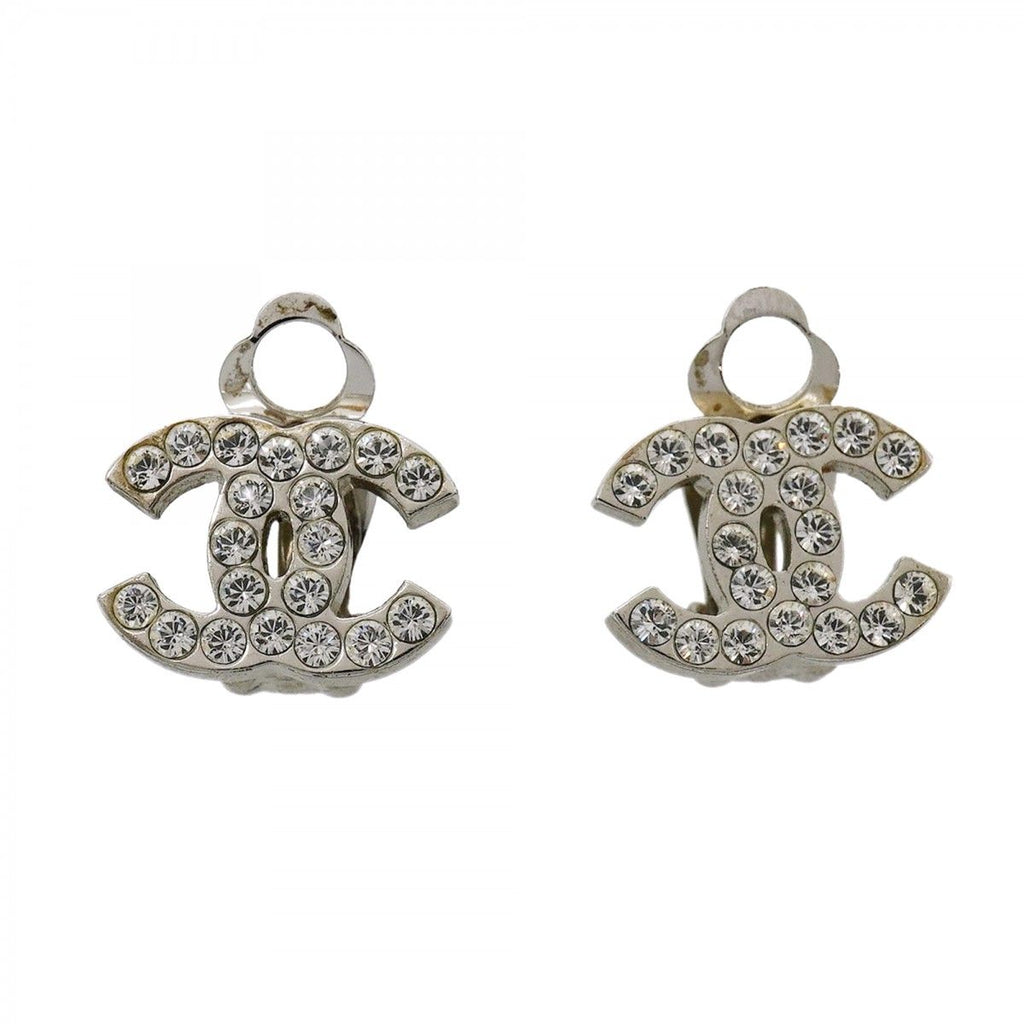 Chanel Earrings CC Logo Metal Rhinestone Silver