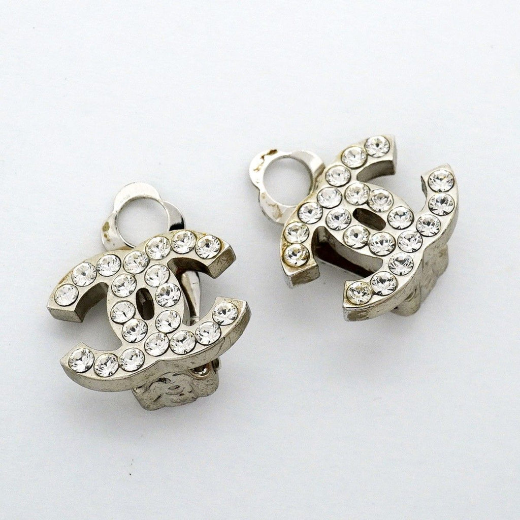 Chanel Earrings CC Logo Metal Rhinestone Silver — view 2