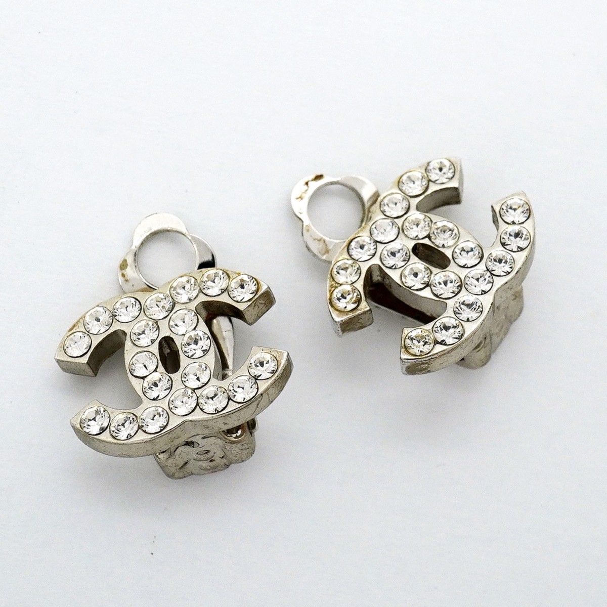 Chanel Earrings CC Logo Metal Rhinestone Silver — view 2