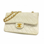 Chanel Shoulder Bag Quilted Lambskin White Gold