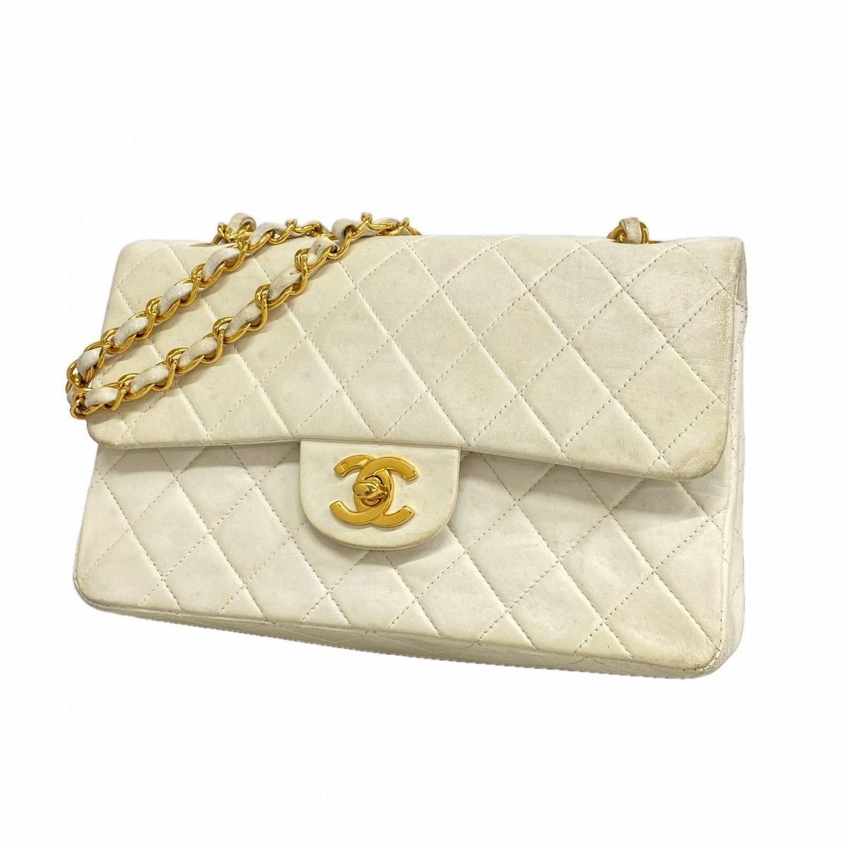 Chanel Shoulder Bag Quilted Lambskin White Gold