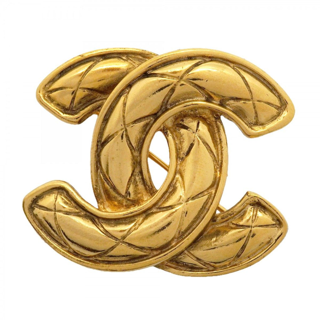 Chanel Brooch Vintage CC Logo Quilted Gold Plated
