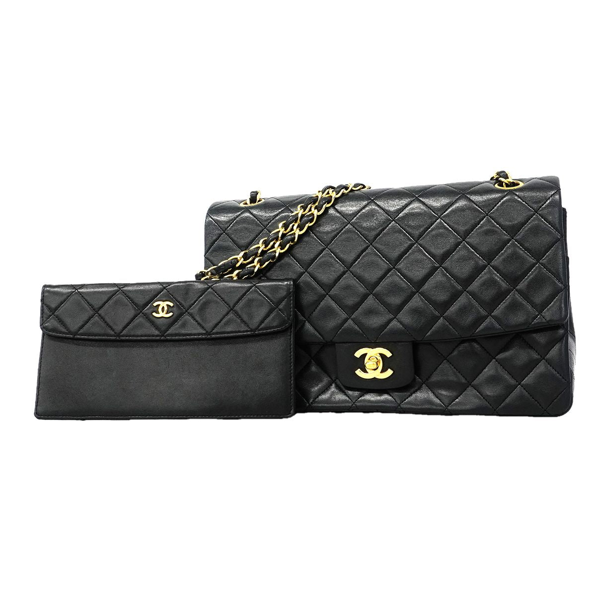 Chanel Shoulder Bag Quilted Lambskin Black Gold