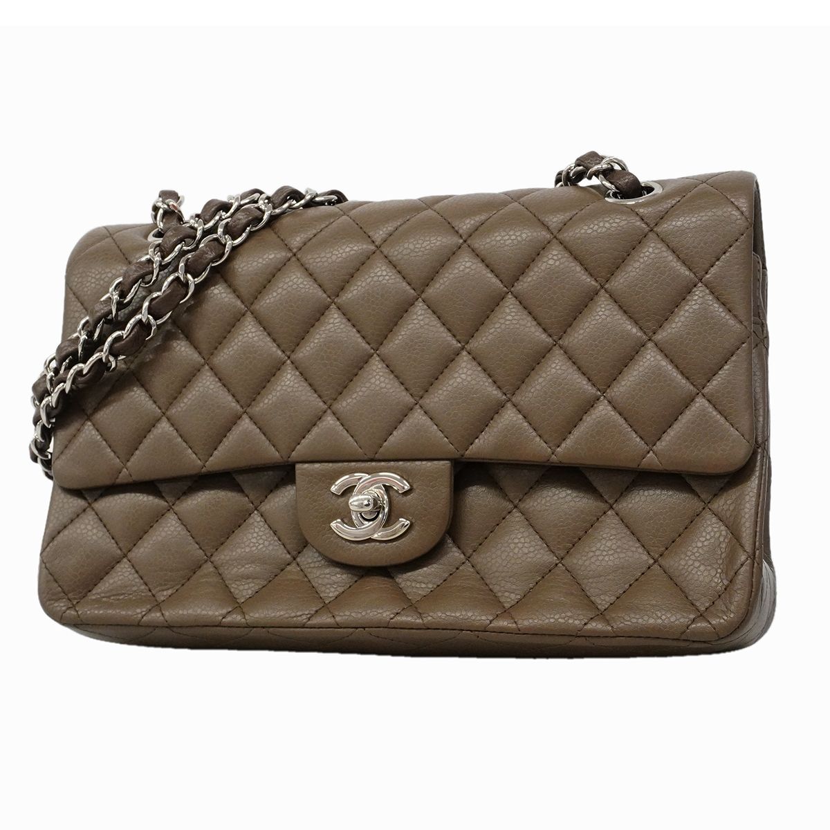 Chanel Shoulder Bag Quilted Caviar Leather Brown Silver
