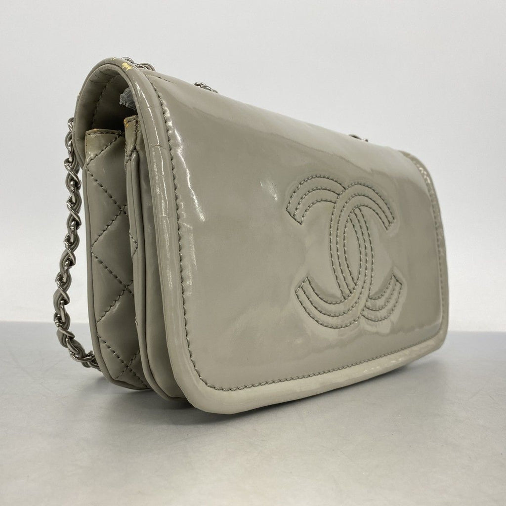 Chanel Shoulder Bag Quilted Patent Leather Gray Silver — view 2