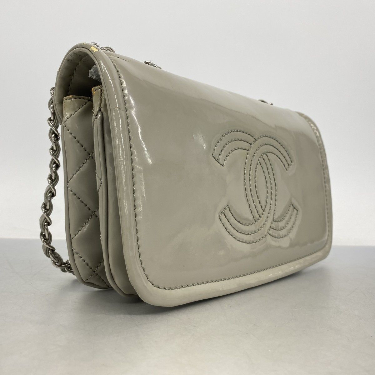 Chanel Shoulder Bag Quilted Patent Leather Gray Silver — view 2