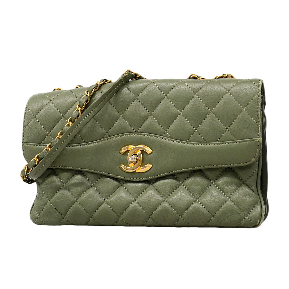 Chanel Shoulder Bag Quilted Lambskin Green Gold