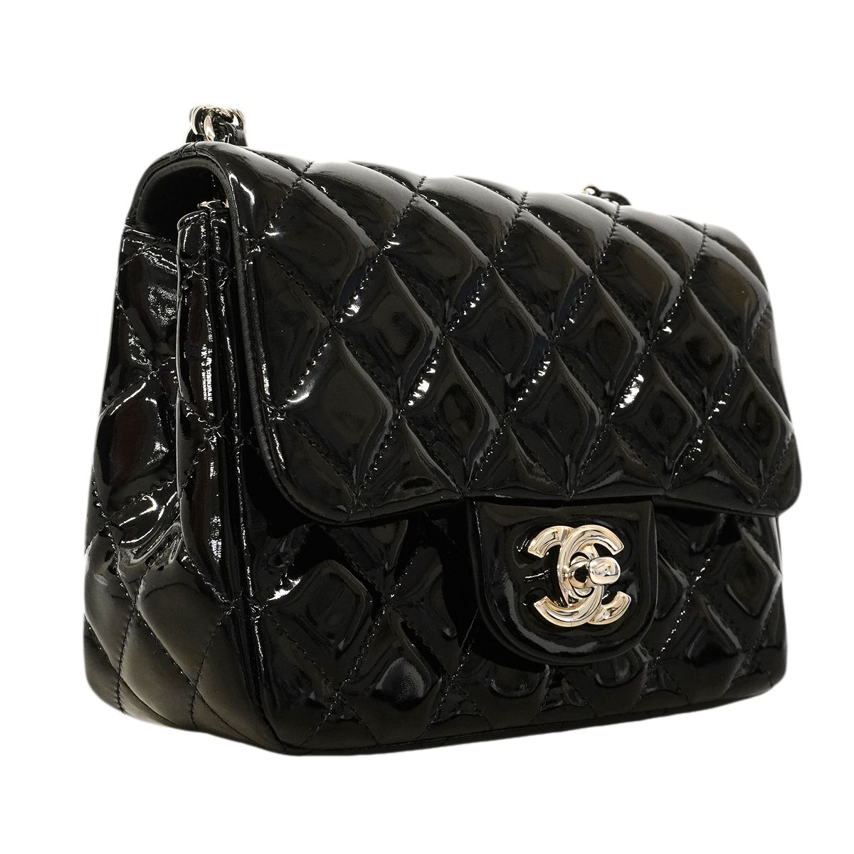 Chanel Shoulder Bag Mini Quilted Patent Leather Black Silver — view 2