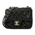 Chanel Shoulder Bag Mini Quilted Patent Leather Black Silver