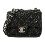 Chanel Shoulder Bag Mini Quilted Patent Leather Black Silver