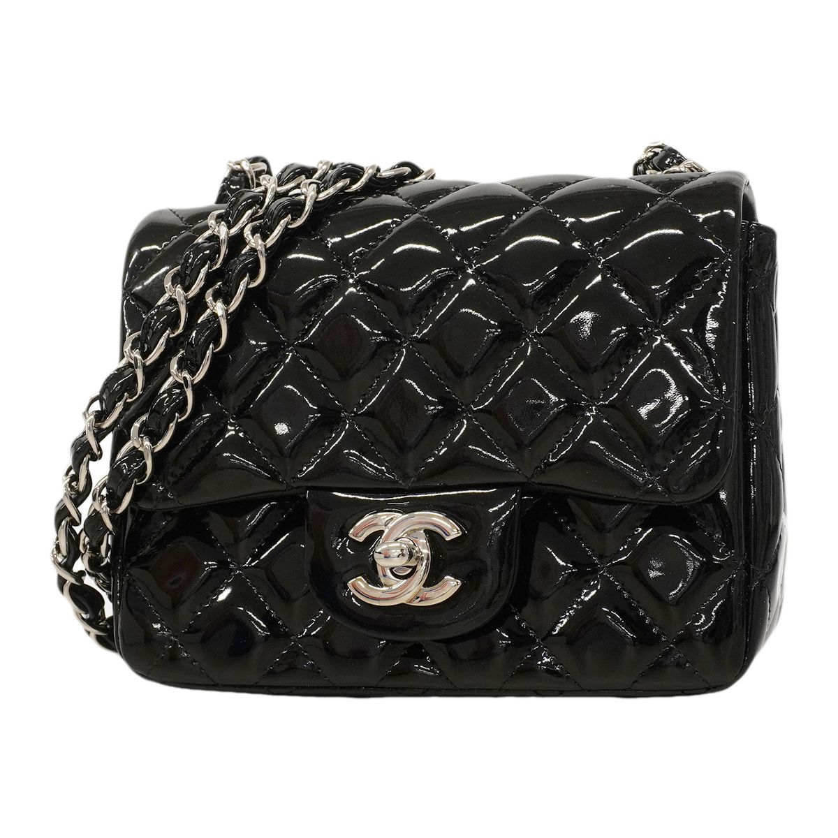 Chanel Shoulder Bag Mini Quilted Patent Leather Black Silver