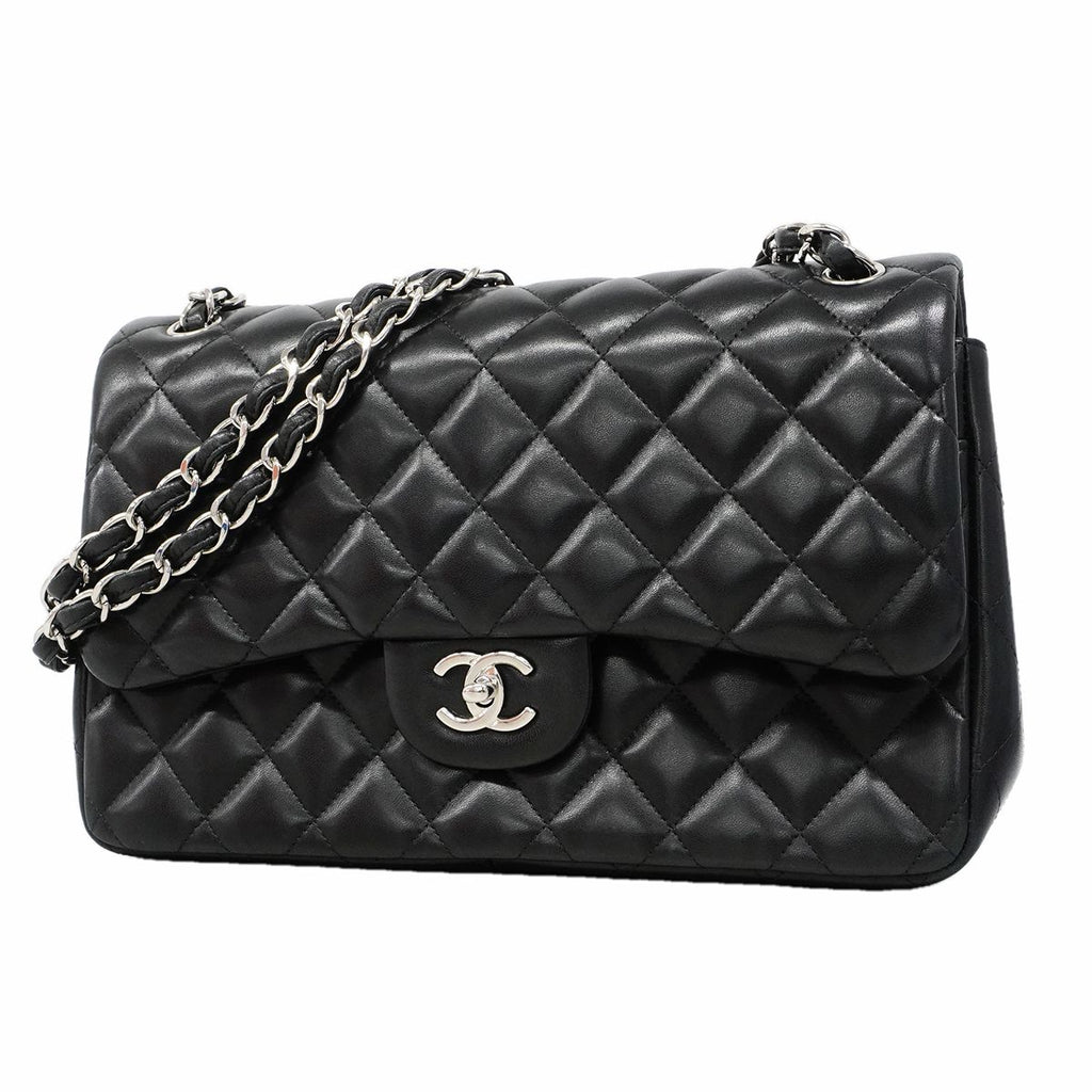 Chanel Shoulder Bag Deca Quilted Lambskin Black Silver