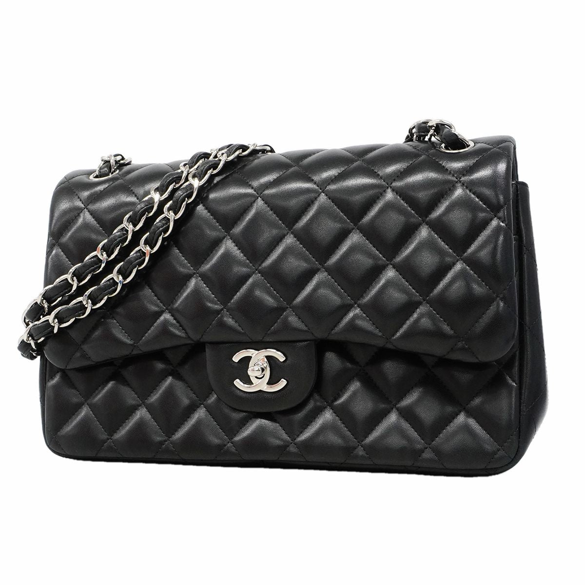 Chanel Shoulder Bag Deca Quilted Lambskin Black Silver