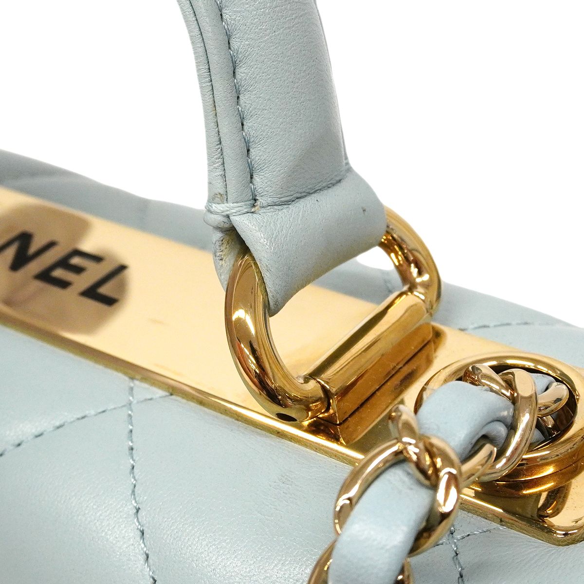 Chanel Handbag Quilted Lambskin Light Blue Champagne Gold 2-Way — view 9