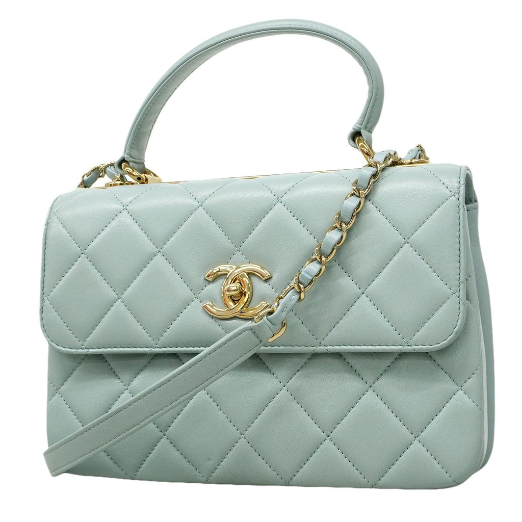 Chanel Handbag Quilted Lambskin Light Blue Champagne Gold 2-Way