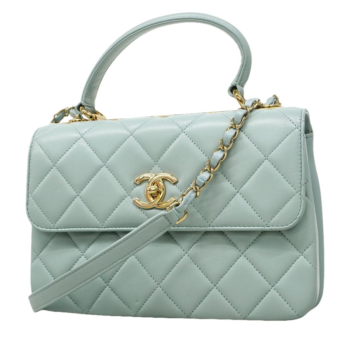 Chanel Handbag Quilted Lambskin Light Blue Champagne Gold 2-Way