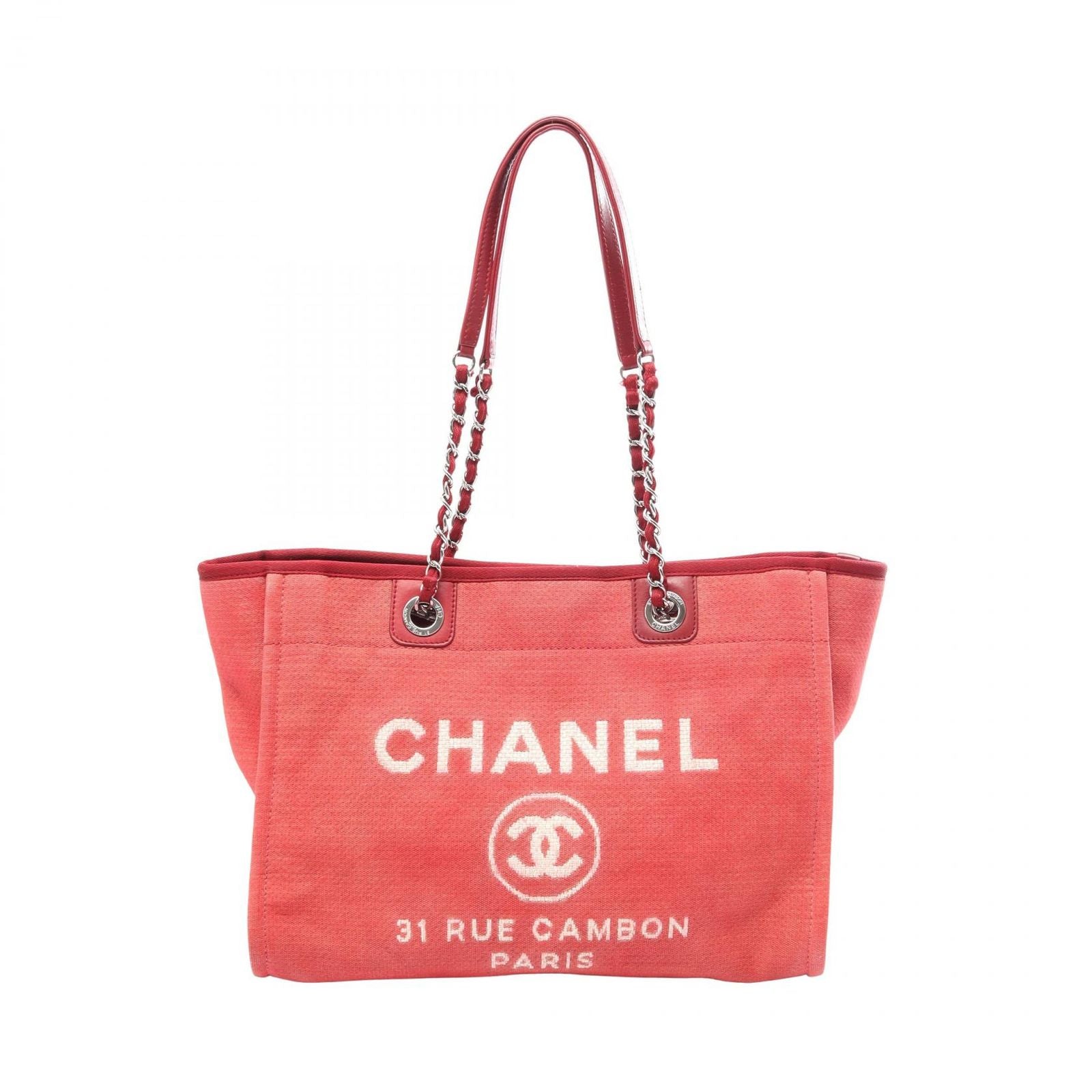 Chanel Tote Deauville Red Canvas Leather Chain MM