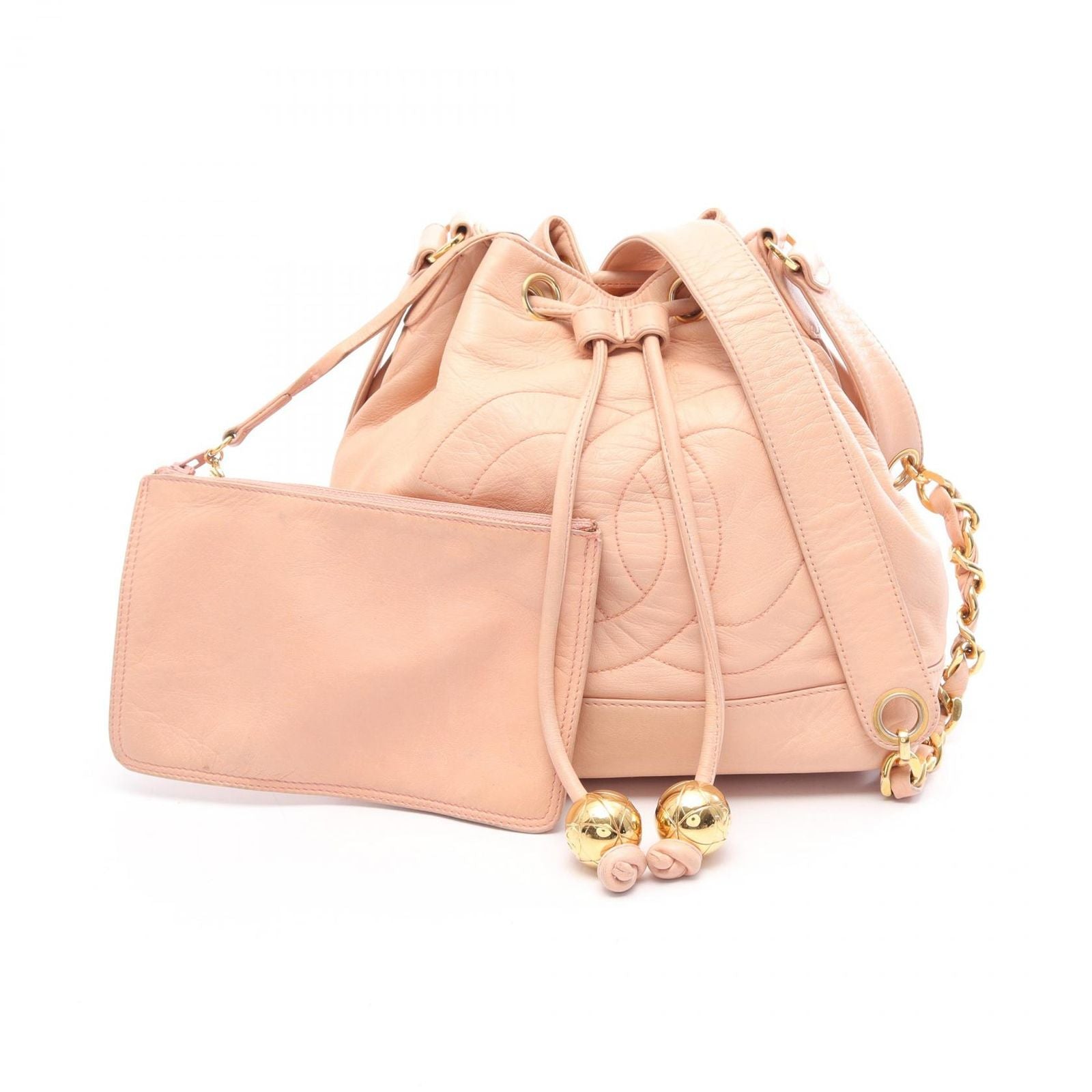 Chanel Shoulder Bag CC Logo Drawstring Light Pink Lambskin CC
