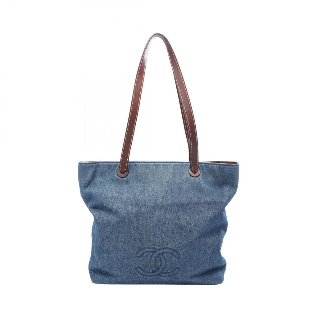 Chanel Tote CC Logo Denim Blue Brown CC Shoulder