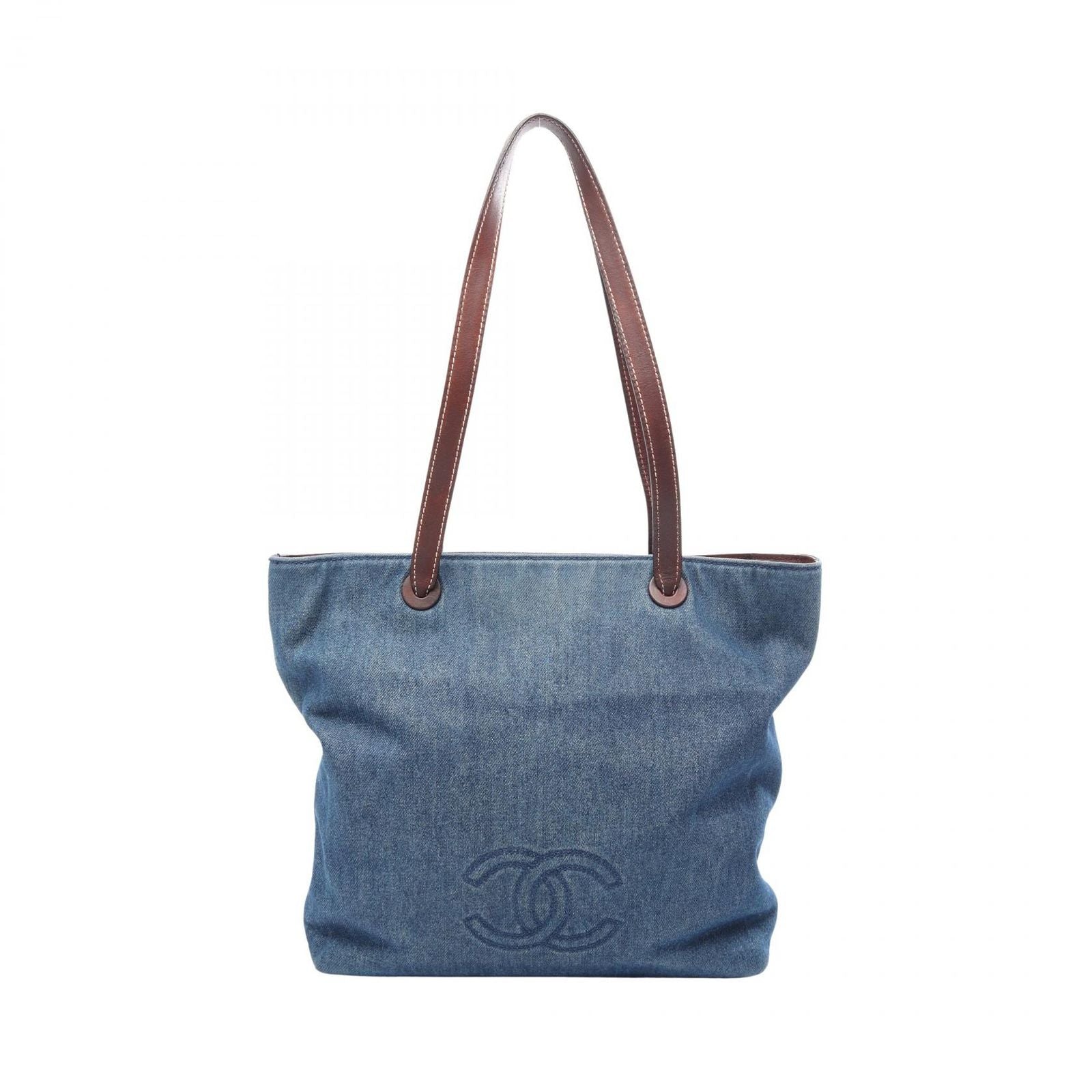 Chanel Tote CC Logo Denim Blue Brown CC Shoulder