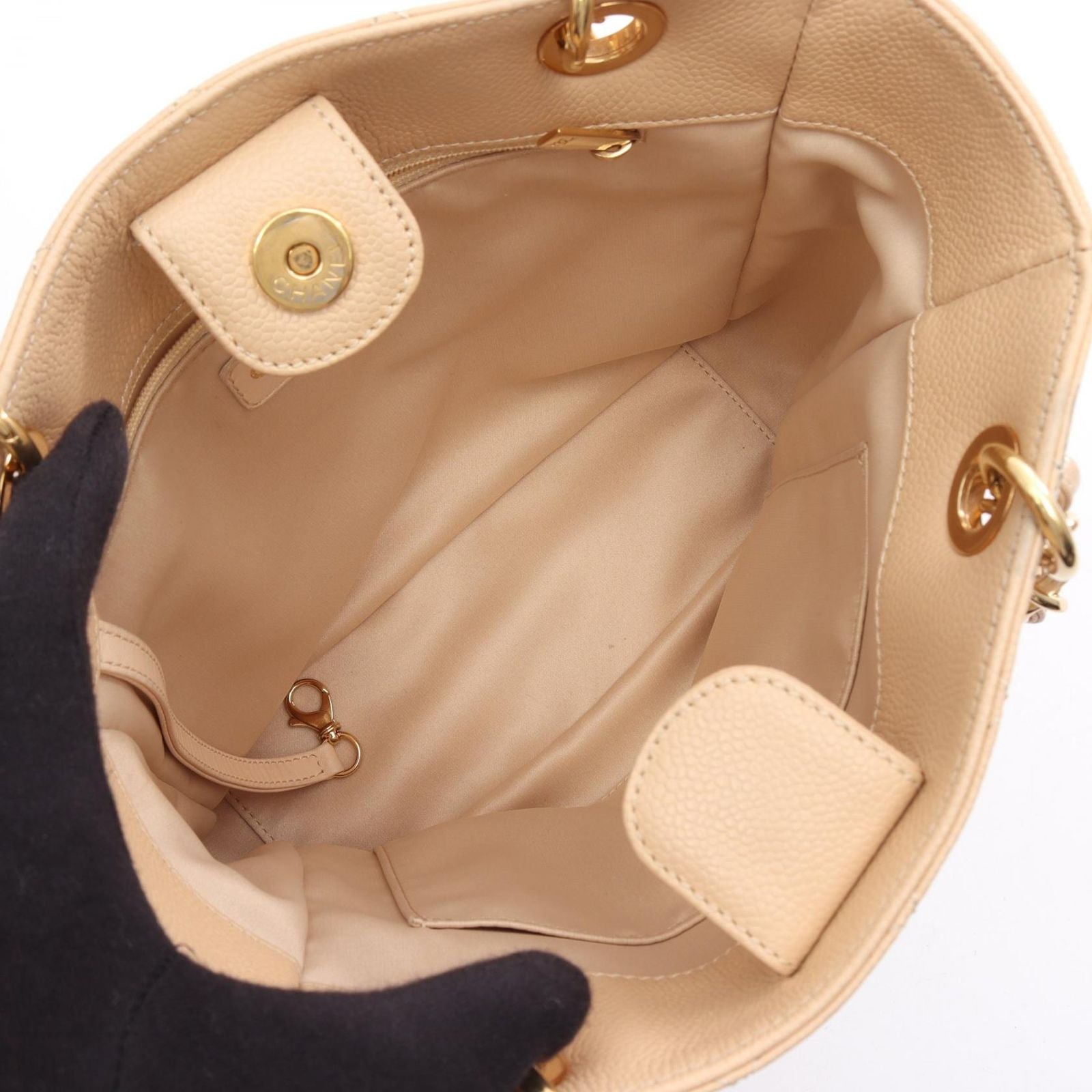 Chanel Tote Quilted Petite Shopping PST Beige Caviar Leather Chain — view 3