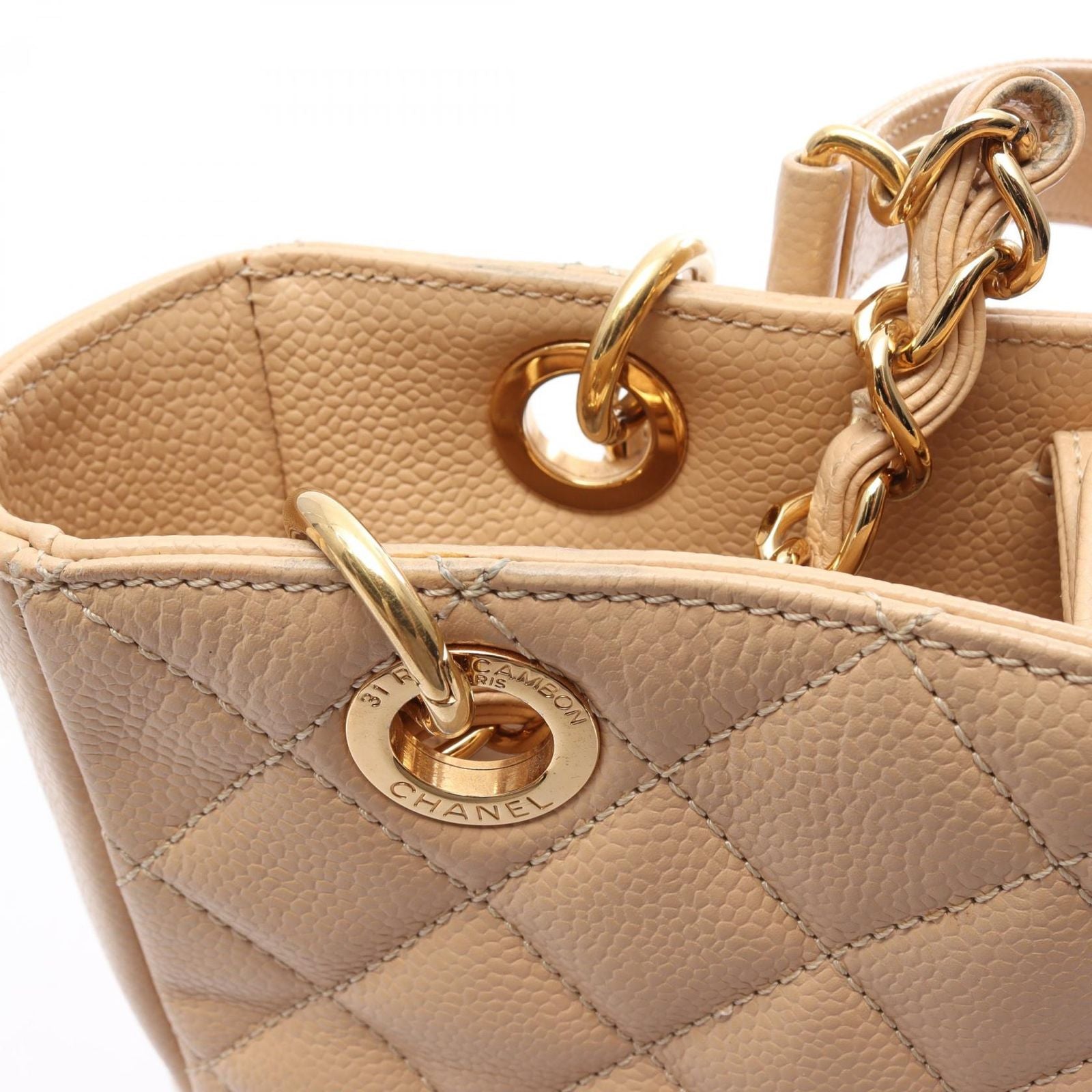 Chanel Tote Quilted Petite Shopping PST Beige Caviar Leather Chain — view 8