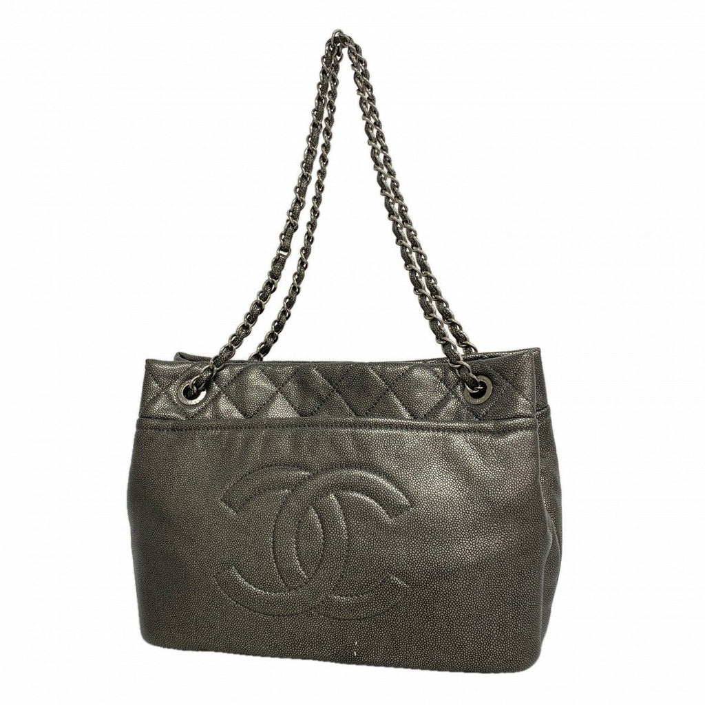 Chanel Chain Tote Quilted Caviar Leather Gray Silver