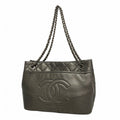 Chanel Chain Tote Quilted Caviar Leather Gray Silver