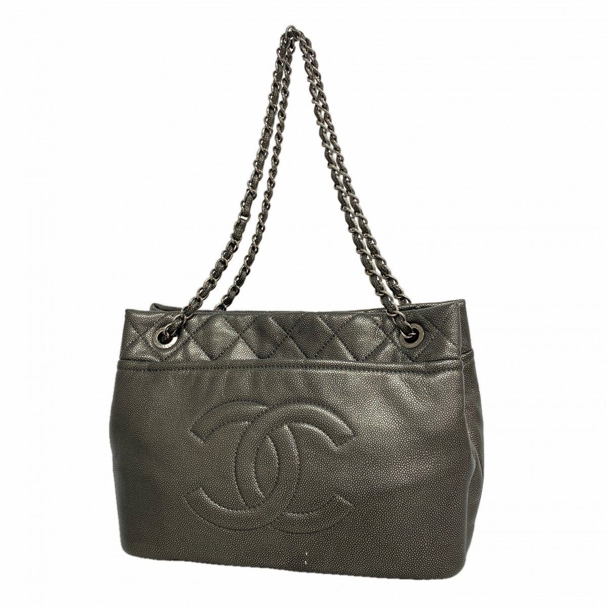 Chanel Chain Tote Quilted Caviar Leather Gray Silver