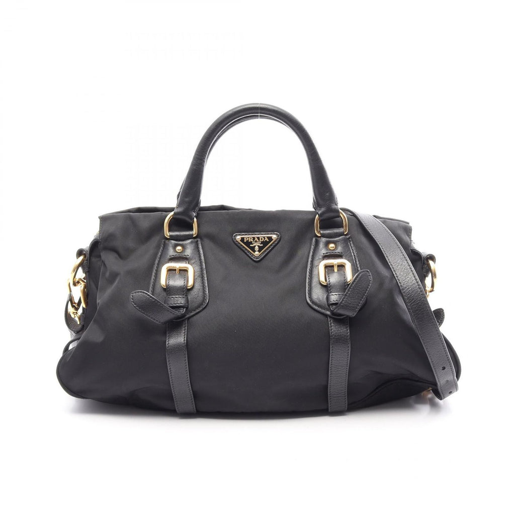 Prada Handbag Tessuto Calf Triangle Plate 2-Way Black Nylon Leather Logo