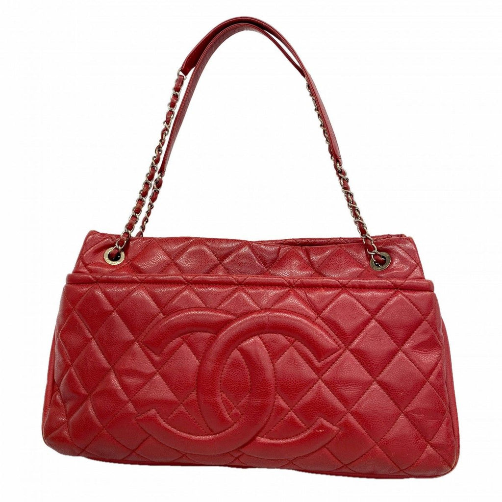 Chanel Chain Tote Quilted Caviar Leather Red Silver