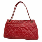Chanel Chain Tote Quilted Caviar Leather Red Silver