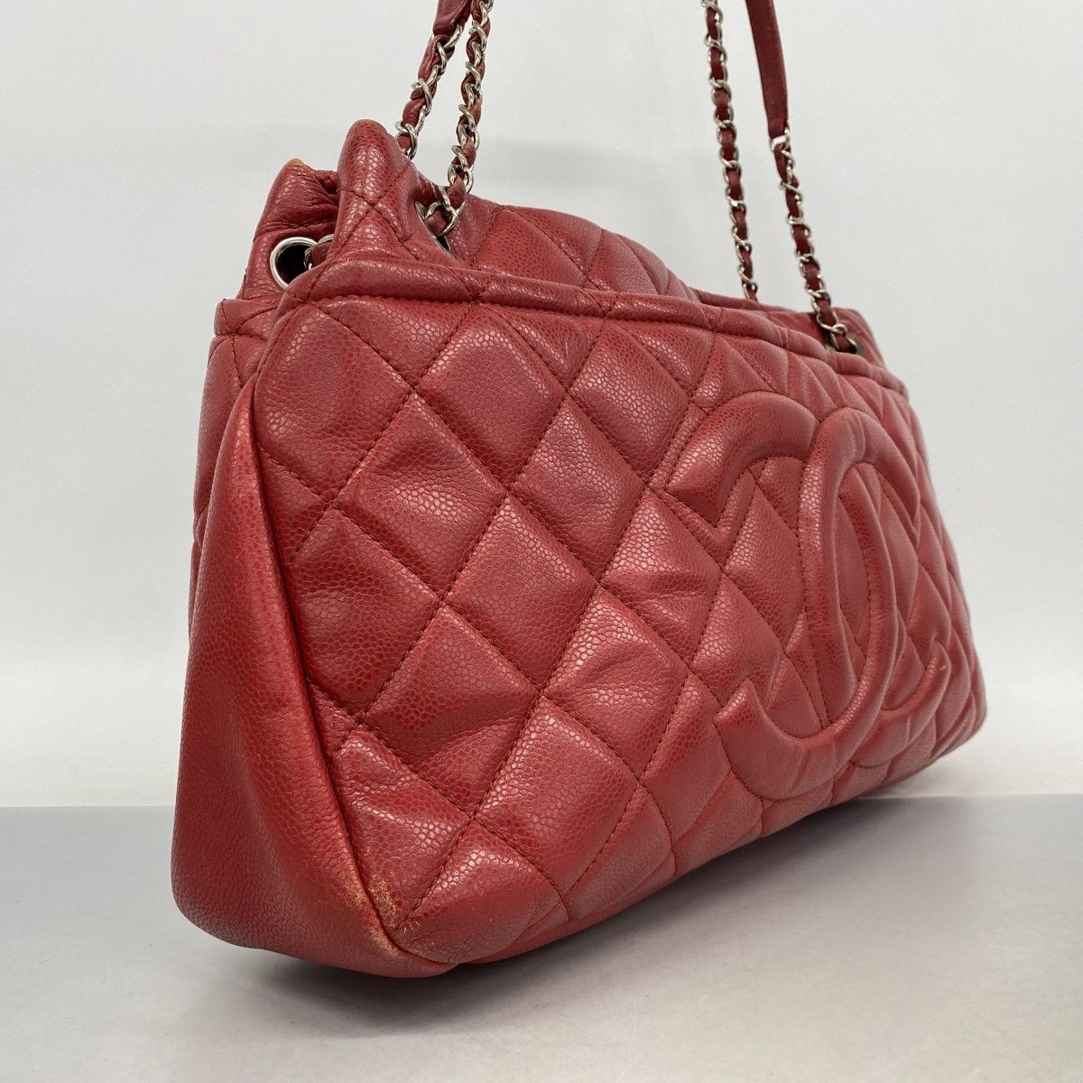 Chanel Chain Tote Quilted Caviar Leather Red Silver — view 2