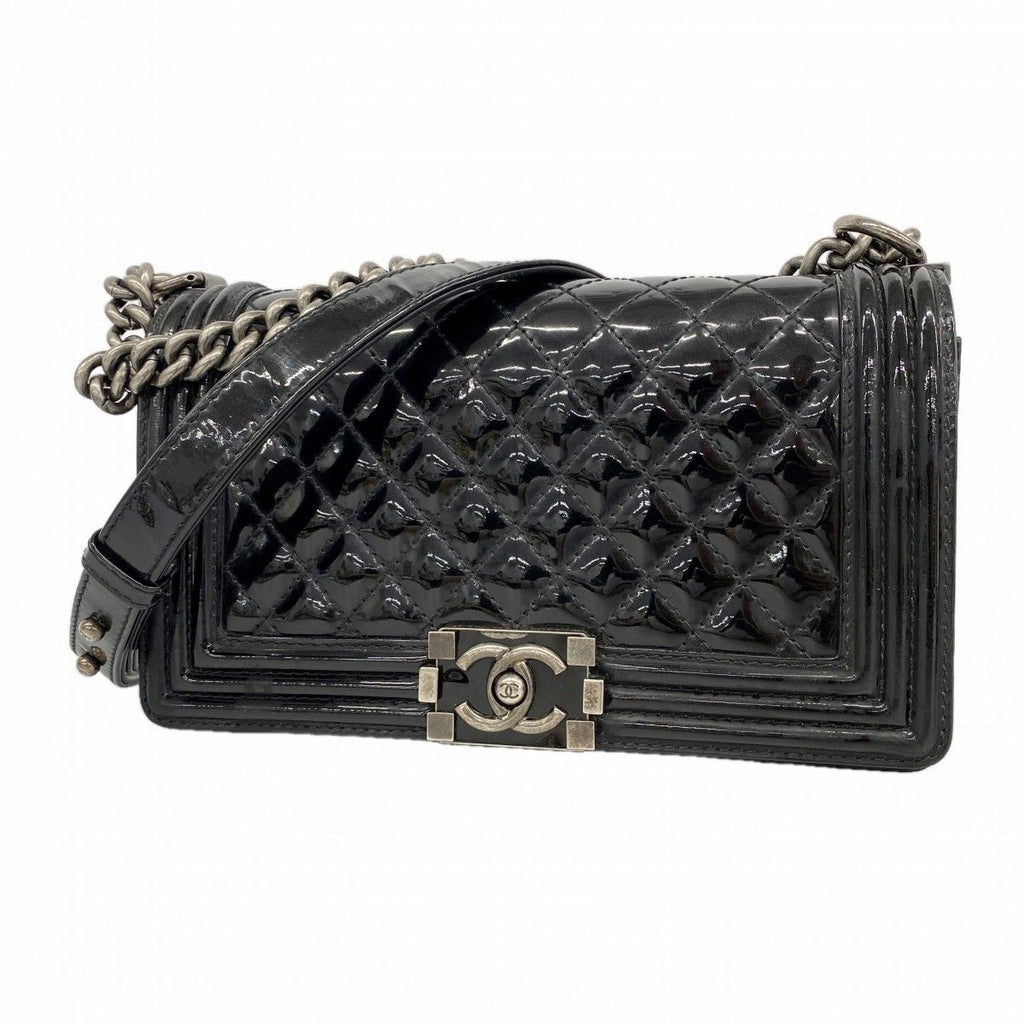 Chanel Shoulder Bag Boy Patent Leather Black Silver