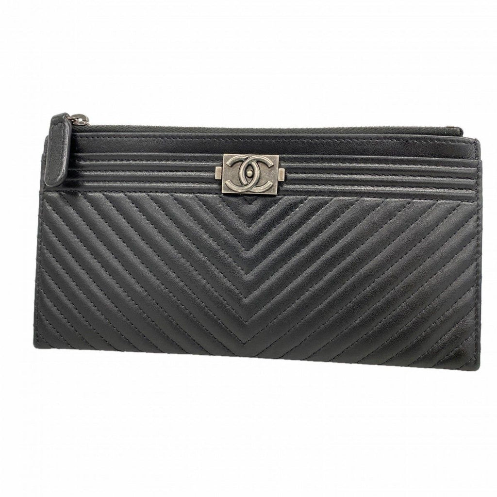 Chanel Wallet Boy Stitch Lambskin Black Silver