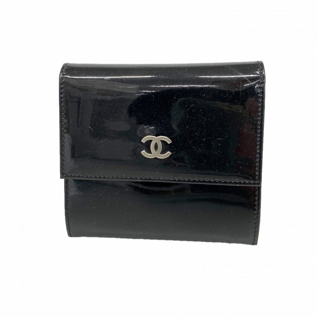 Chanel Trifold Wallet Patent Leather Black Silver