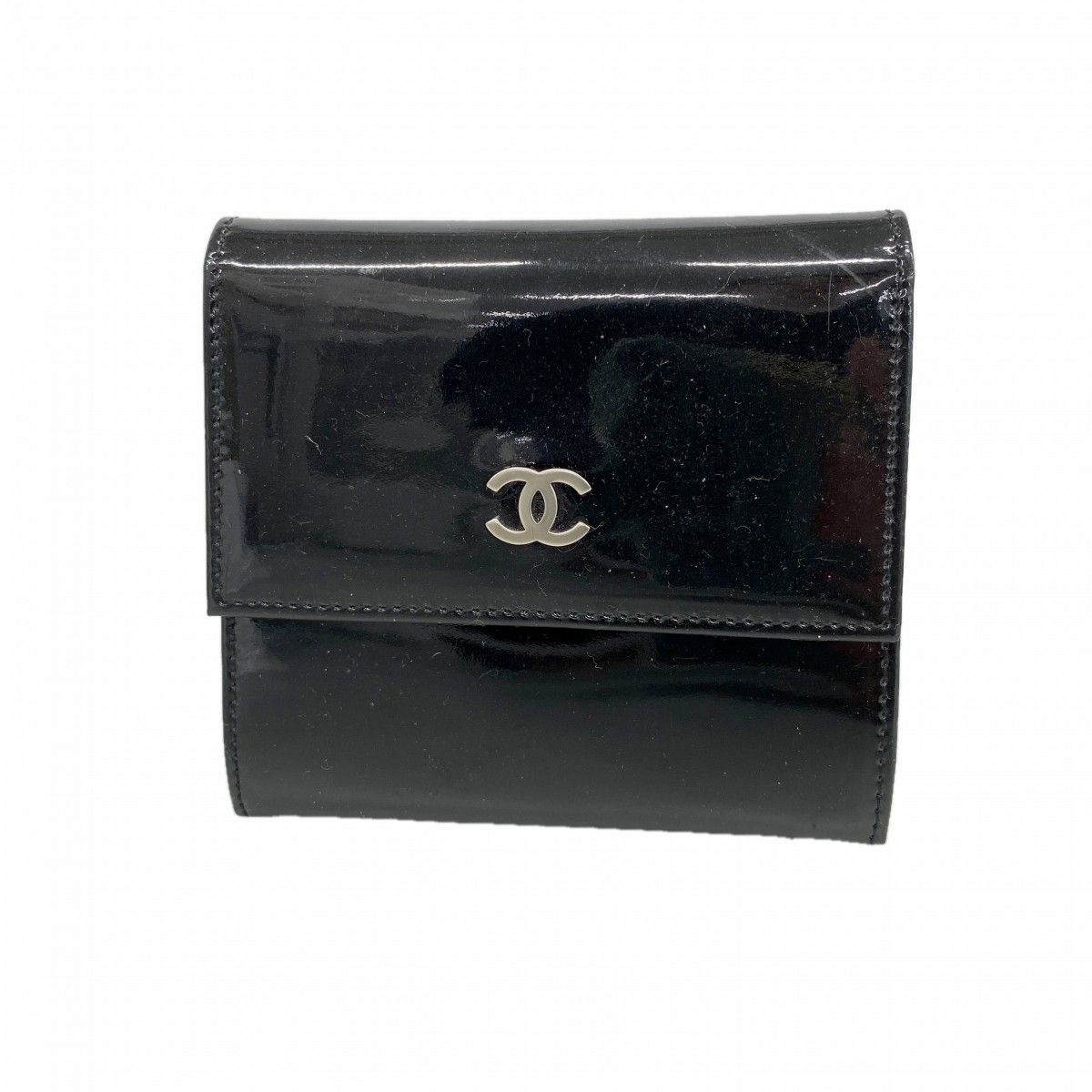 Chanel Trifold Wallet Patent Leather Black Silver