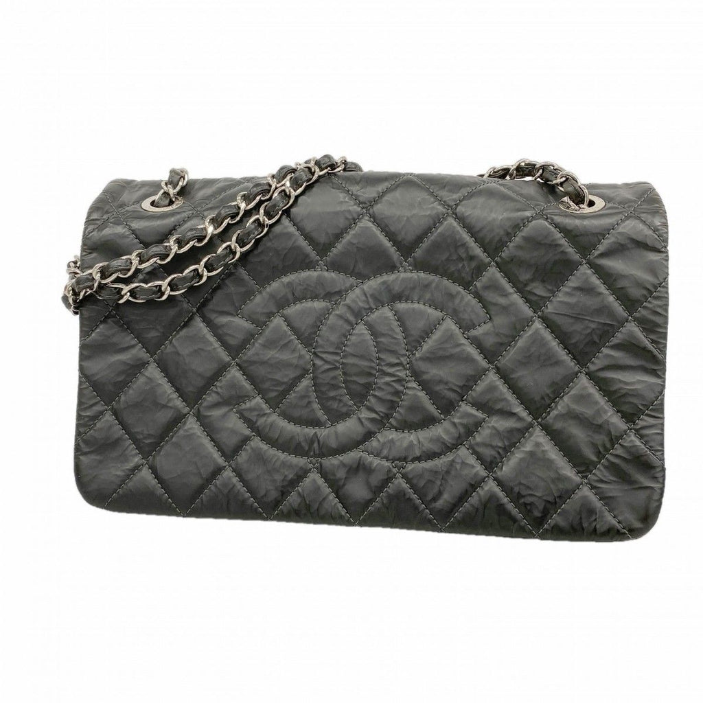 Chanel Shoulder Bag Quilted Leather Black Silver