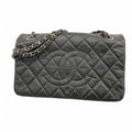 Chanel Shoulder Bag Quilted Leather Black Silver