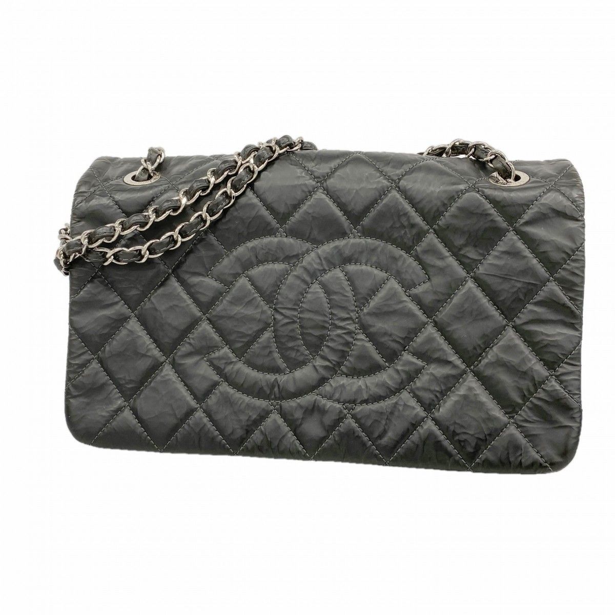 Chanel Shoulder Bag Quilted Leather Black Silver
