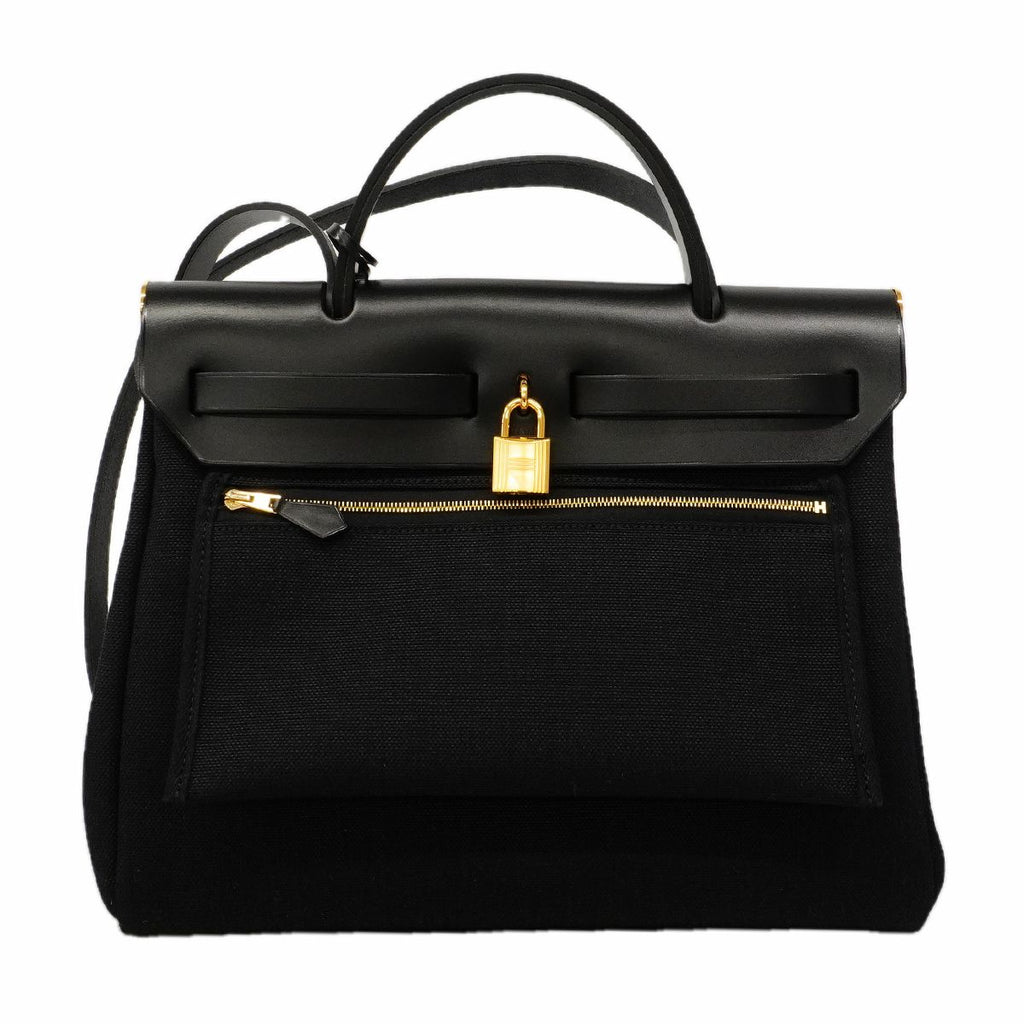Hermes Handbag Herbag Zip PM Toile Military Black Gold 2-Way — view 8