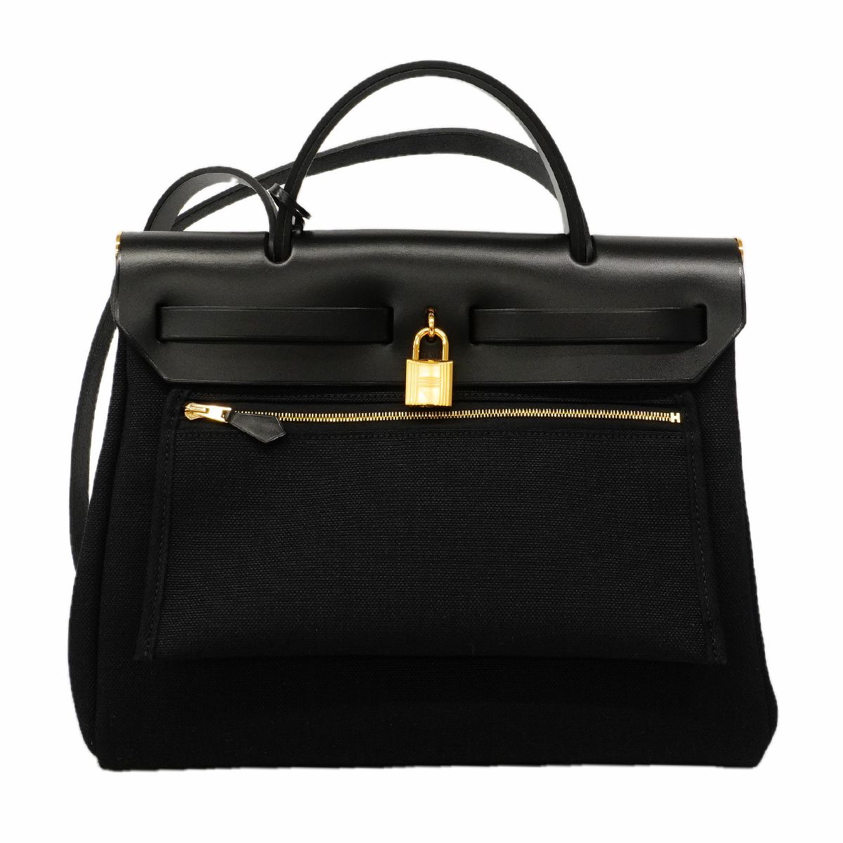 Hermes Handbag Herbag Zip PM Toile Military Black Gold 2-Way — view 8