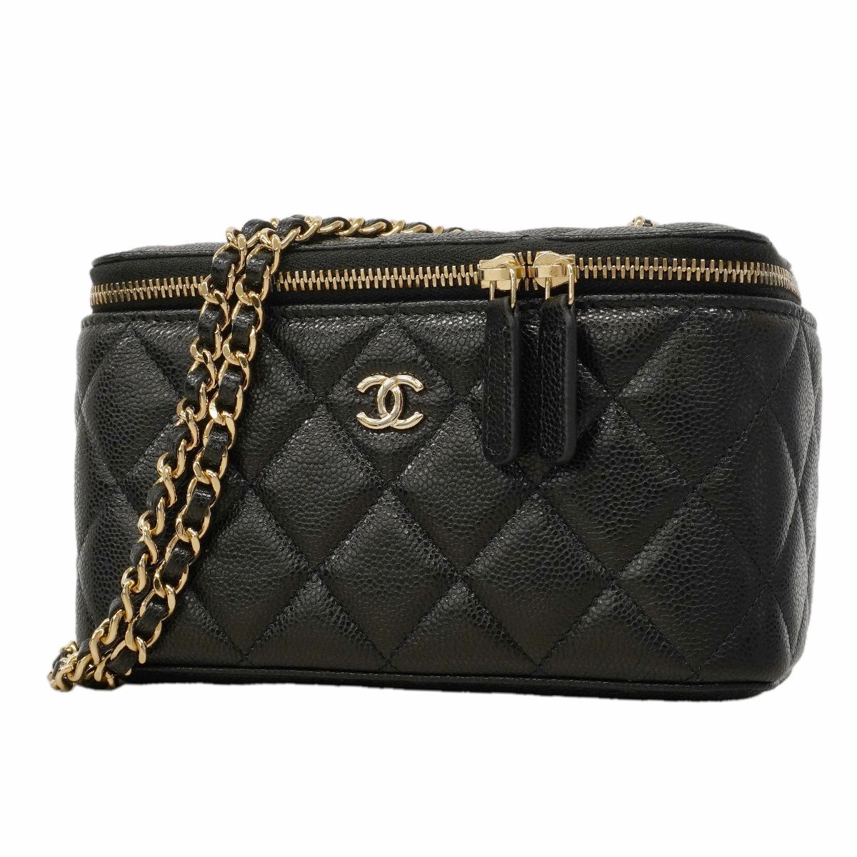 Chanel Shoulder Bag Quilted Caviar Leather Black Champagne Gold