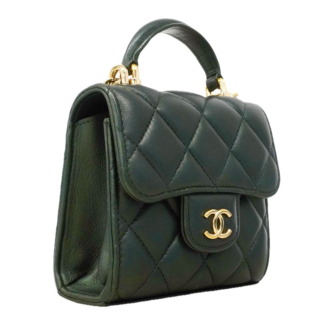 Chanel Handbag Quilted Lambskin Dark Green Champagne Gold 2-Way — view 2