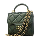 Chanel Handbag Quilted Lambskin Dark Green Champagne Gold 2-Way