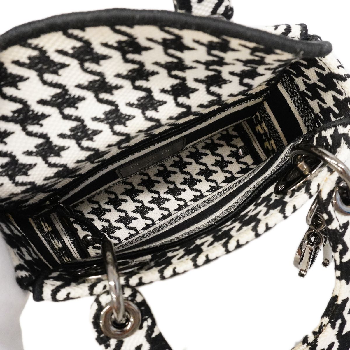 Dior Handbag Lady D Light Canvas White Black Silver 2-Way — view 4