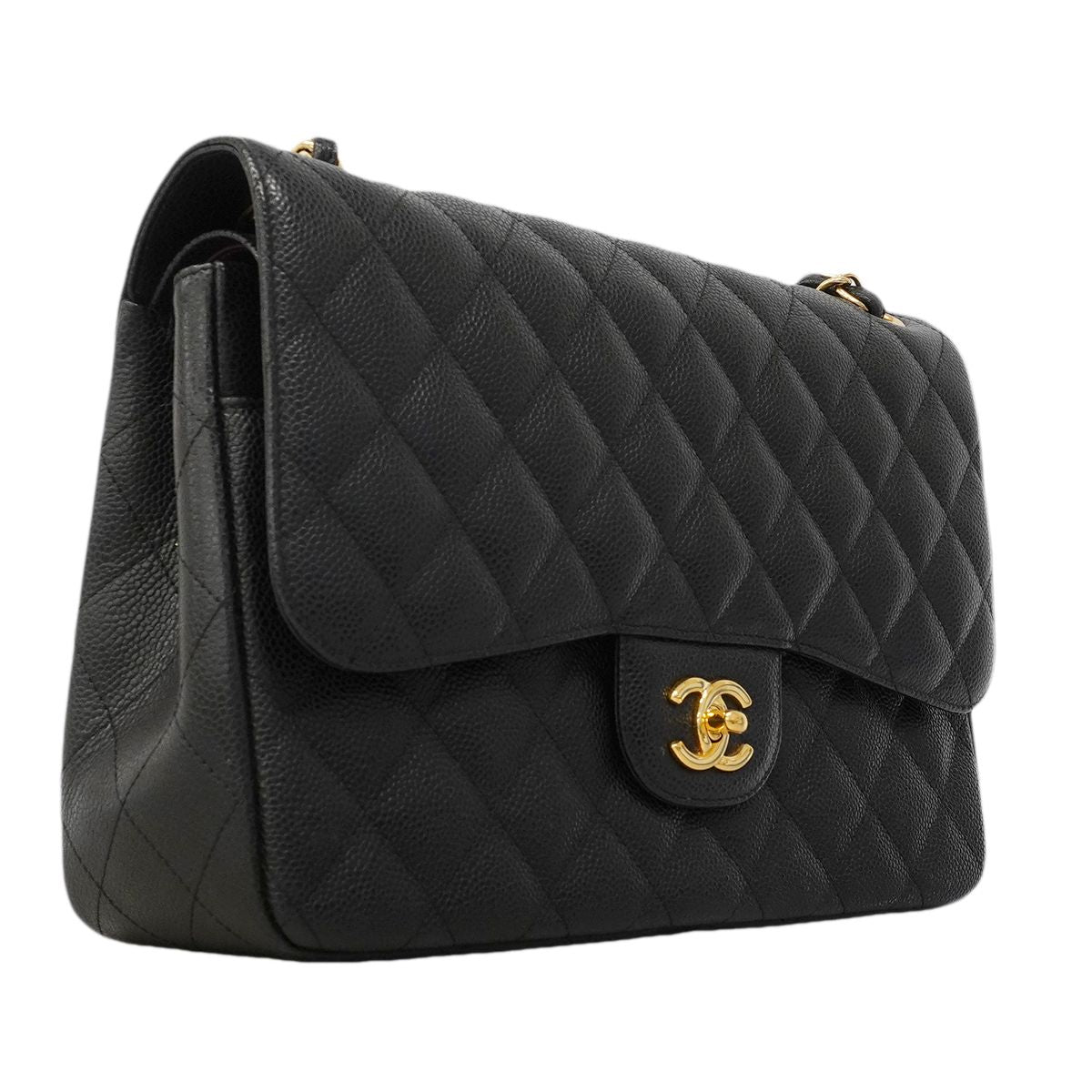 Chanel Shoulder Bag Maxi Quilted Caviar Leather Black Gold — view 2