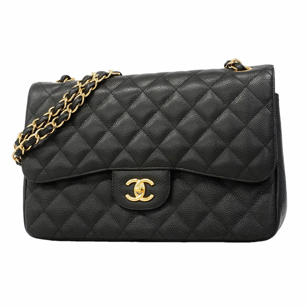Chanel Shoulder Bag Maxi Quilted Caviar Leather Black Gold